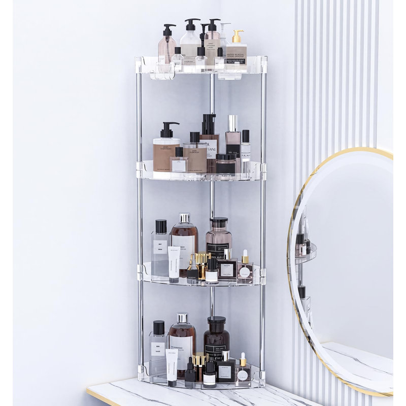 Étagère de douche d'angle sur pied à 4 niveaux avec crochets, grande capacité, étagères de douche en acrylique transparent, imperméable et antirouille, plusieurs trous de drainage, convient à la salle de bain