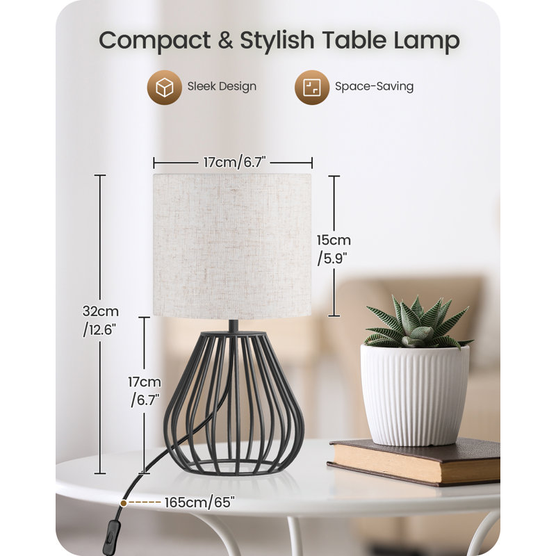 Small Table Lamp Bedside Lamp With Black Metal Base & White Linen Lampshade, Black
