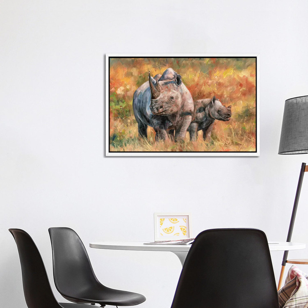 Nashorn und Baby von David Stribbling - Galerie-verpackte Leinwand GiclÃ©e