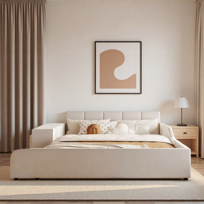 Upholstered Grounded Mother & Child Bed With Bedside Desk And Little Round Stool