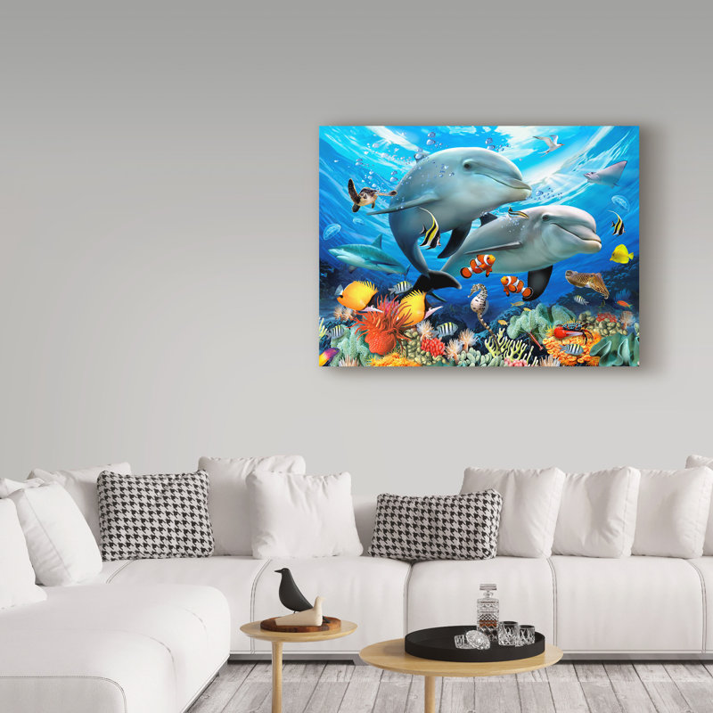« sourire dauphins », reproduction de peinture à l’acrylique sur toile tendue, H 24 po x l 32 po x P 2 po