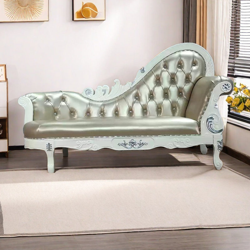 Chaise Longue - Elegant Leatherette & Solid Wood, Light Brown, Right Hand Facing, Ivory White/Silver