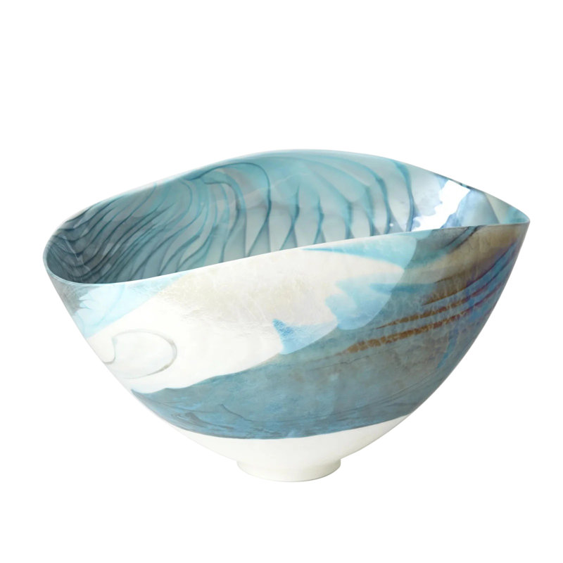 Ivory Turquoise Feather Swirl Oval Bowl-Sm