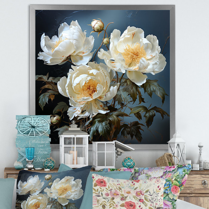 " Beige Whispers Of Peonies V ", 36" H x 36" W x 1.5" D, Silver Single Picture Framed