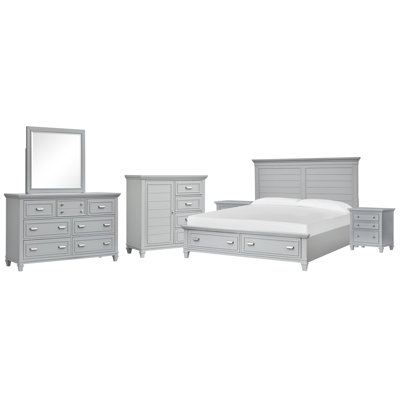 Monti King White Panel Storage Bed 2 Nightstands White Drawer Dresser With Landscape Mirror And Door Chest