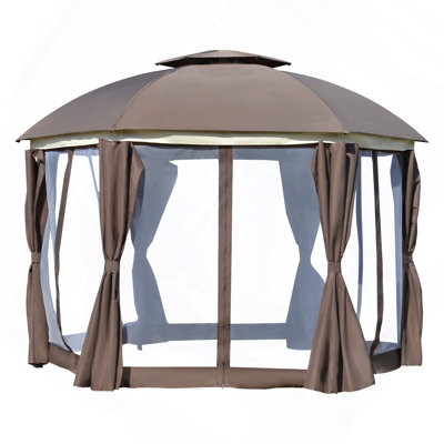 Abri de jardin rond 12 pi x 12 pi, abri de jardin à dôme de patio avec double toit, parois et rideaux en filet, portes à fermeture à glissière, cadre en acier robuste, brun