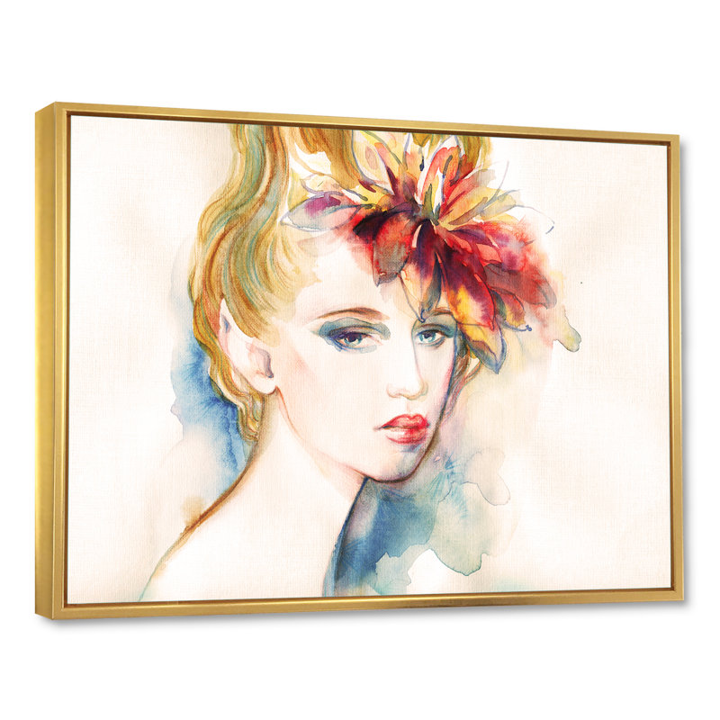 Portrait de femme beige floral I - œuvre d'art sur toile Glam, H 24 po x l 36 po, Cadre flottant doré