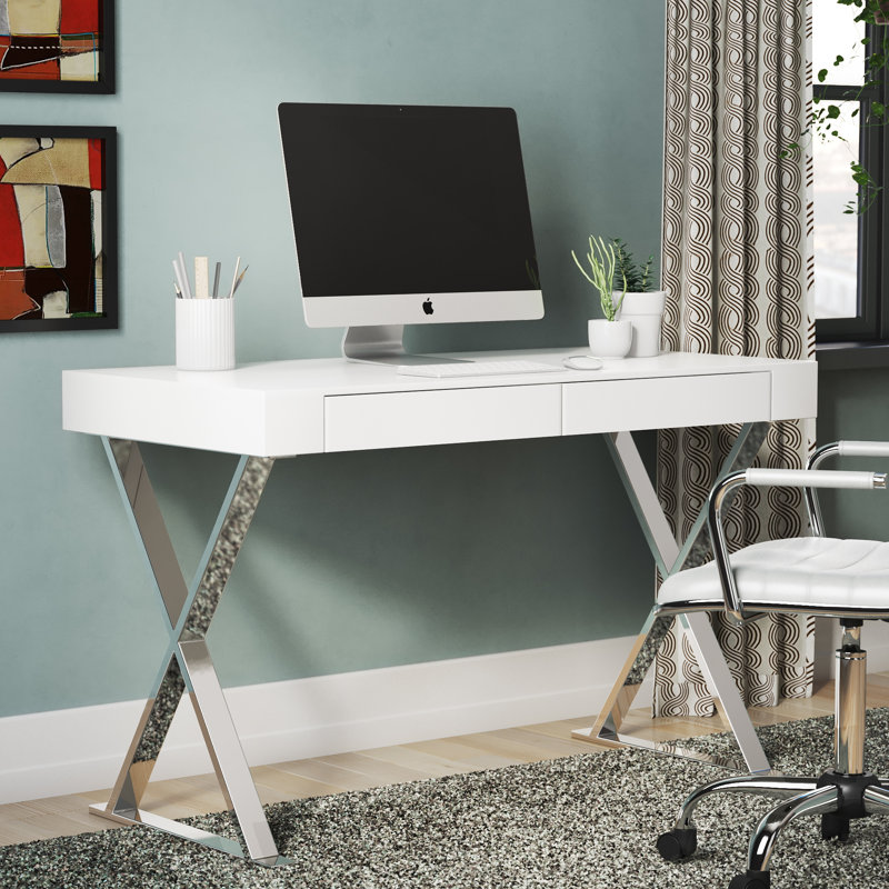 Alexa Contemporary White Lacquer Writing Desk with Polished Steel/Metal X-Base and 2 Drawers, White/Silver