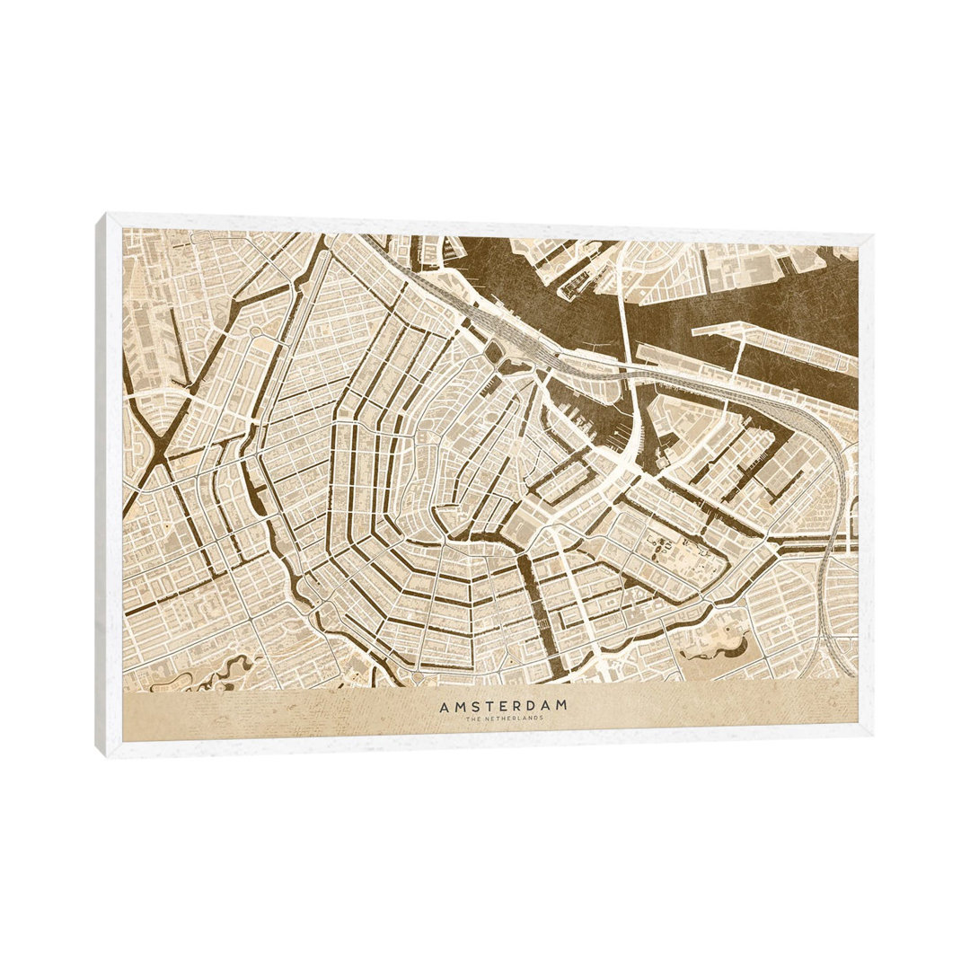 Sepia Vintage Map Of Amsterdam von Blursbyai - Galerie-verpackte Leinwand Giclée auf Leinwand