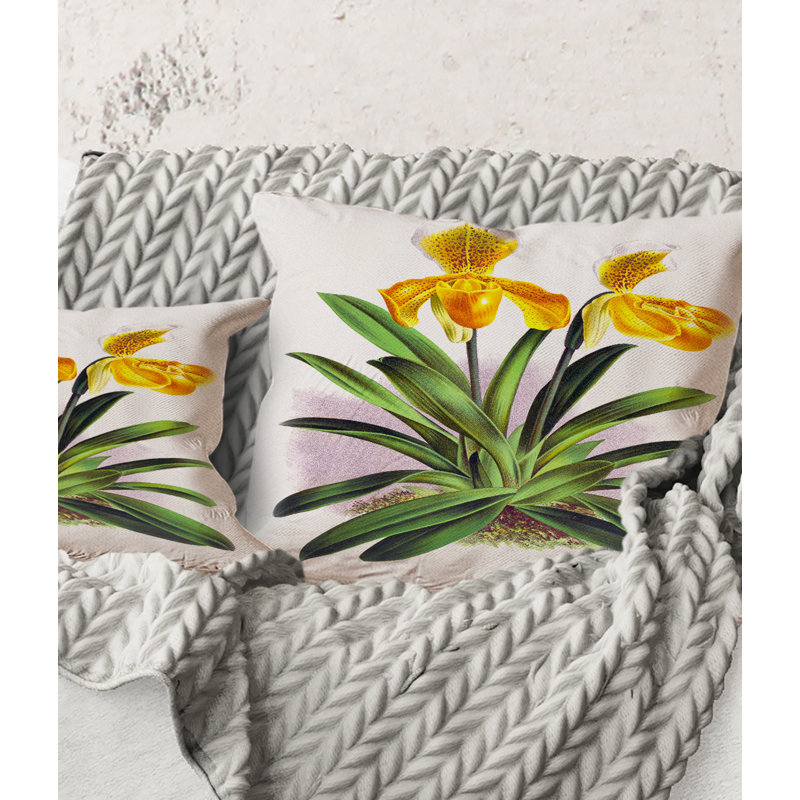 Carré, orchidée jaune rétro - coussin traditionnel imprimé, 18" x 18"