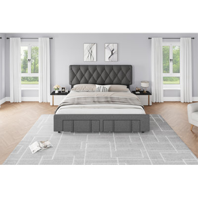 Structure de lit plateforme tapissier avec tiroirs de rangement - lattes en bois simples, aucun sommier nécessaire, sommier moderne, chambre à coucher - très grand lit, gris