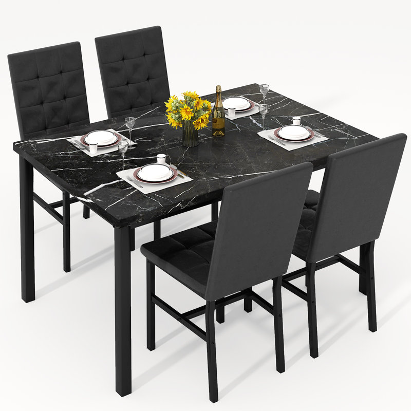 4-Person Dining Table And Chair Set, Dining Table And Chair 5-Piece Set, Diamond Leather Seats For Dining Room,, Black