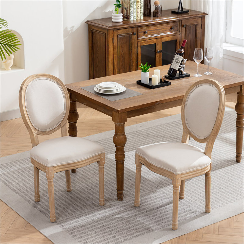 Chaise de salle à manger à dossier en tissu antique avec structure en bois massif, ensemble de 2, Beige