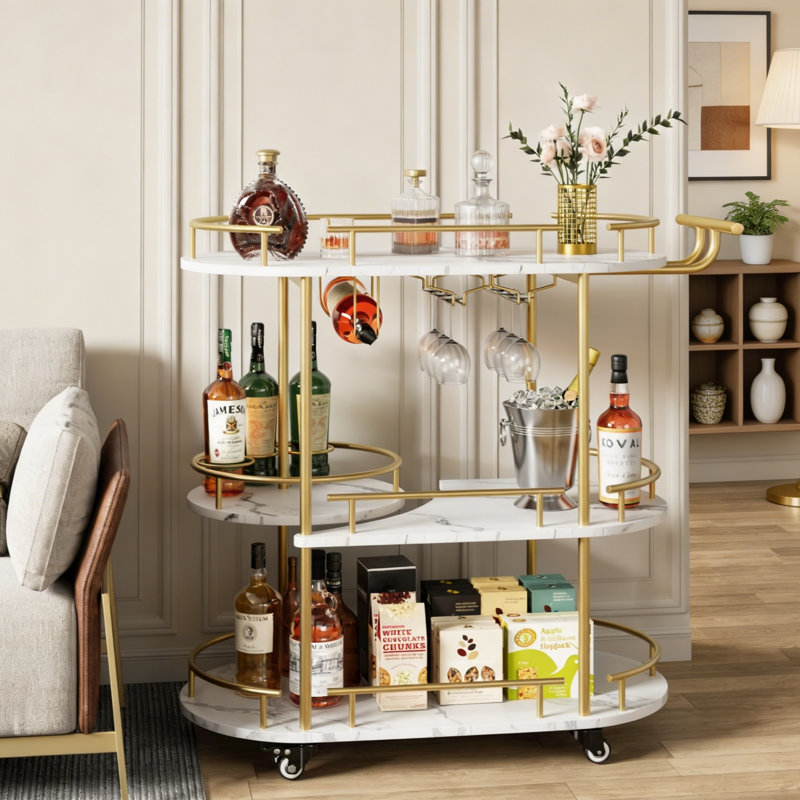 3-Tier Bar Cart on Wheels, Mobile Serving Cart with Wine Rack & Glass Holder for Home Bar, Gold, Gold