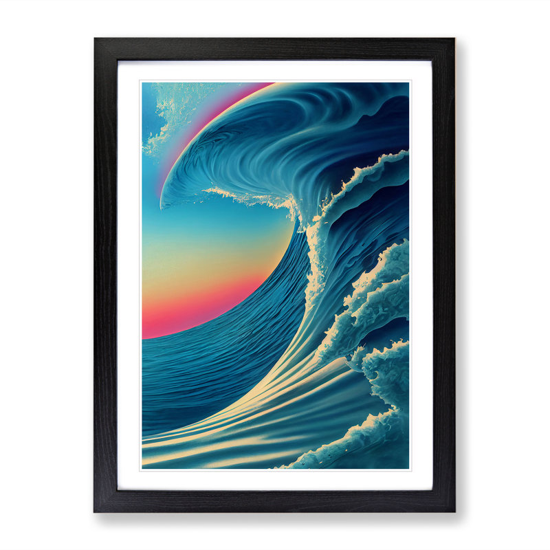 Sunset Ocean Wave - Single Picture Frame Painting, 34cm H x 25cm W x 2cm D, Black Framed
