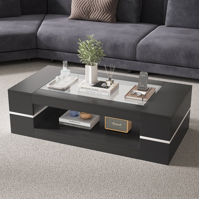 Davionne Rectangular Tempered Glass Coffee Table, Black