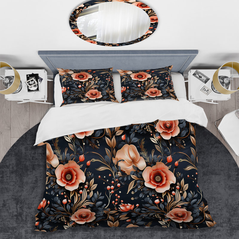 Ensemble de housse de couette rétro nostalgie pêche à motif floral I, Housse de couette pour très grand lit et 2 très
