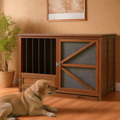 Foldable Wood Dog Crate Furniture With 360° Rotating Feeder And Removable Tray