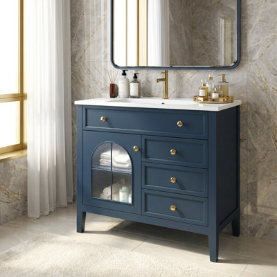 Meuble-lavabo de salle de bain 35,6 po Mid-Century avec deux portes en verre à motif et bande lumineuse à capteur de mouvement