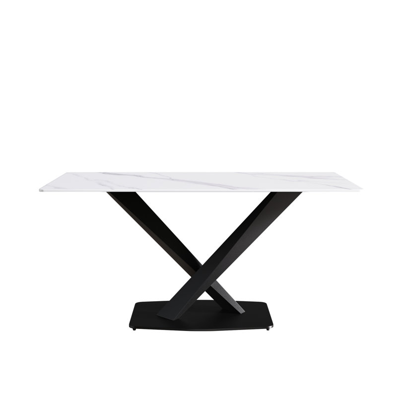 Table de salle à manger en pierre frittée blanche de 63 pouces avec métal noir solide pouvant accueillir 6 personnes. Table rectangulaire de 63 po, base et sièges