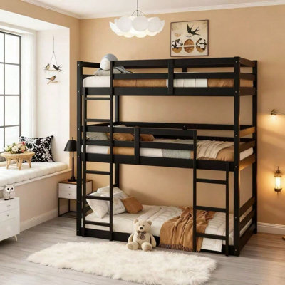 Triple Twin Bunk Bed in Solid Rubber Wood, Twin over Twin over Twin Design with 2 Ladders & Safety Guardrails, Detachable 3-Tier Bed in Black (Mattress not included)