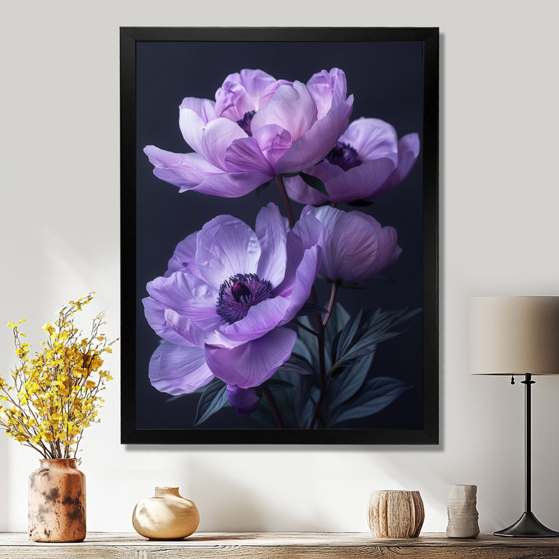 Décoration murale pivoines mauves et noires - Pivoines, H 12 po x l 20 po, Cadre noir