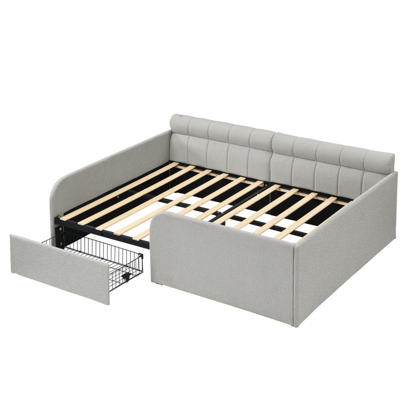 Structure de lit de jour double en tissu bouclé avec tiroir de rangement, gris, Gris