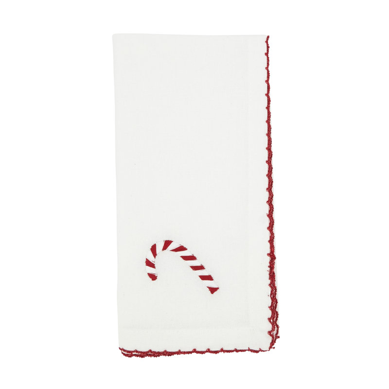 Whimsical White Cotton Candy Cane Napkin Set with Red Stitching