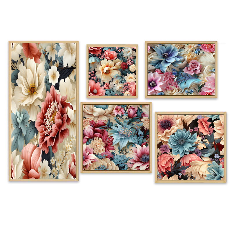 Faustine - Ensemble de 5 pièces d'art mural floral, Cadre flottant brun