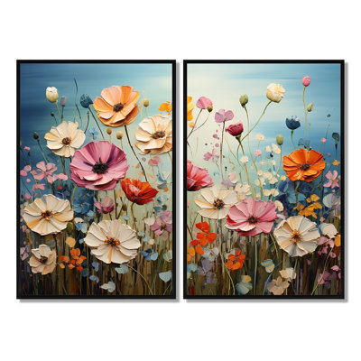 Fleurs abstraites dansantes - pétales dansants - art mural traditionnel 2 panneaux
