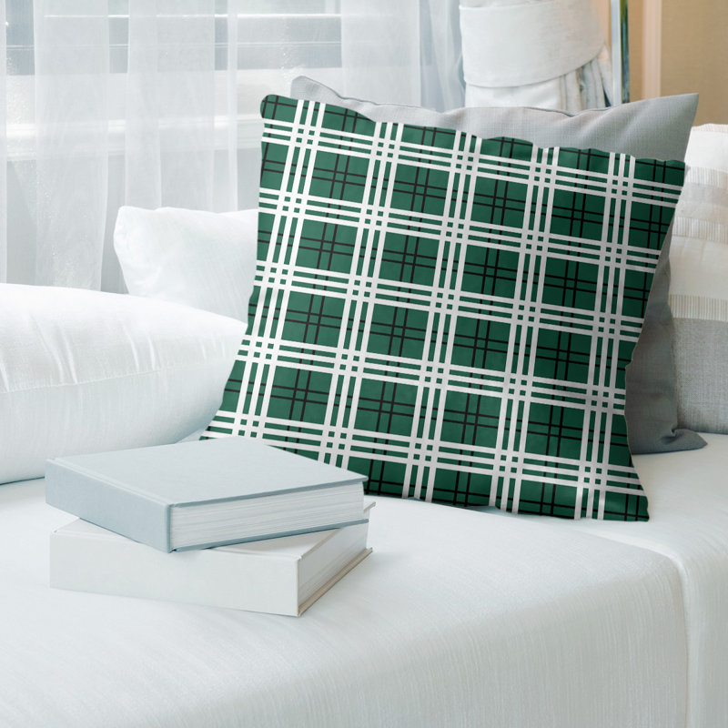 Plaid Outdoor Reversible Throw Pillow, 14" x 14", Down Blend, Gotham Green/Stealth Black/White R-Jacksonville