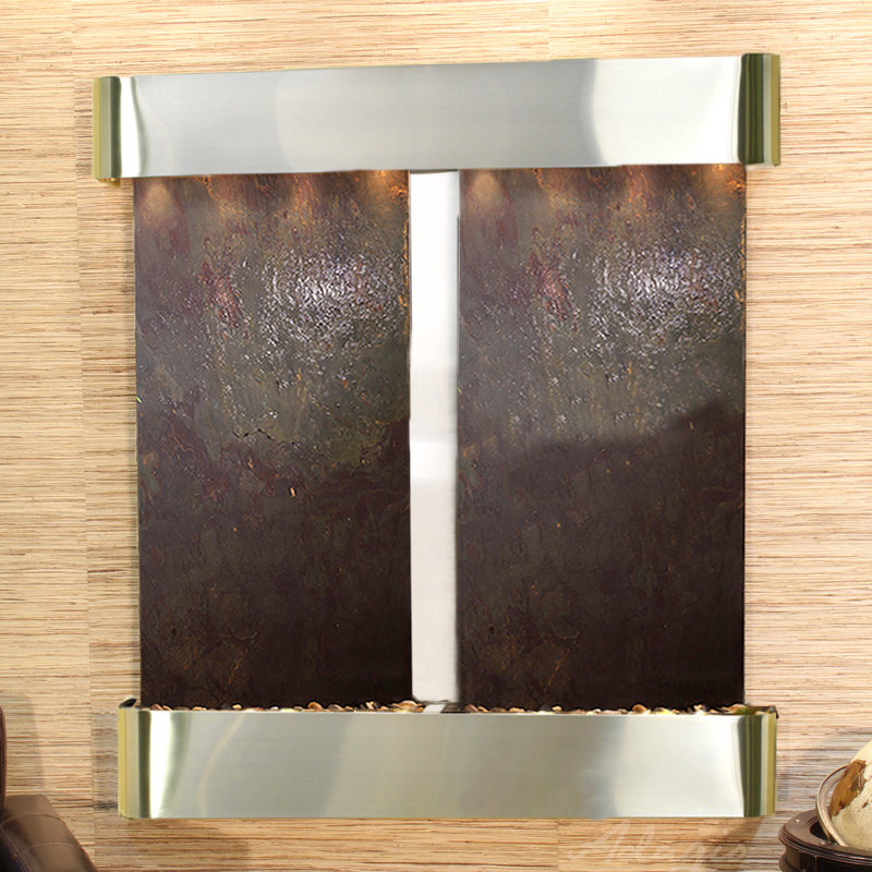 Aspen Falls Natural Stone Fountain with Light, Stainless Steel, Multi-Color Feather
