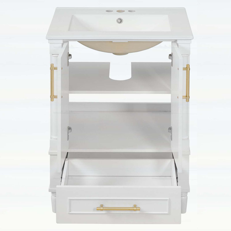 Meuble-lavabo moderne avec lavabo, avec motif orné, charnières à fermeture en douceur et structure ouverte à l'arrière, Blanc