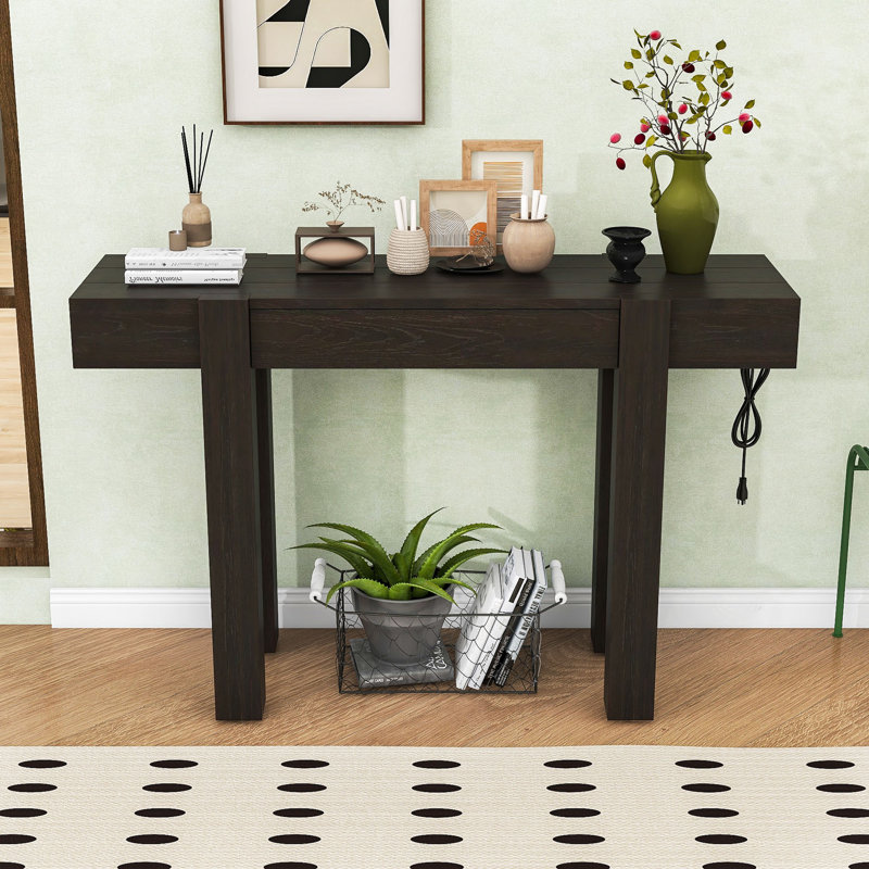Table d'entrée de style campagnard contemporain en bois avec ports de chargement, tiroir de rangement caché, Espresso