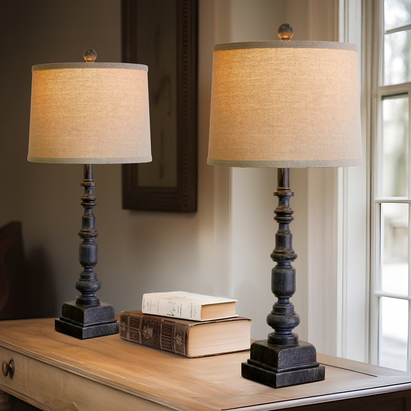 Rustic Black Resin Table Lamp Set with USB Ports