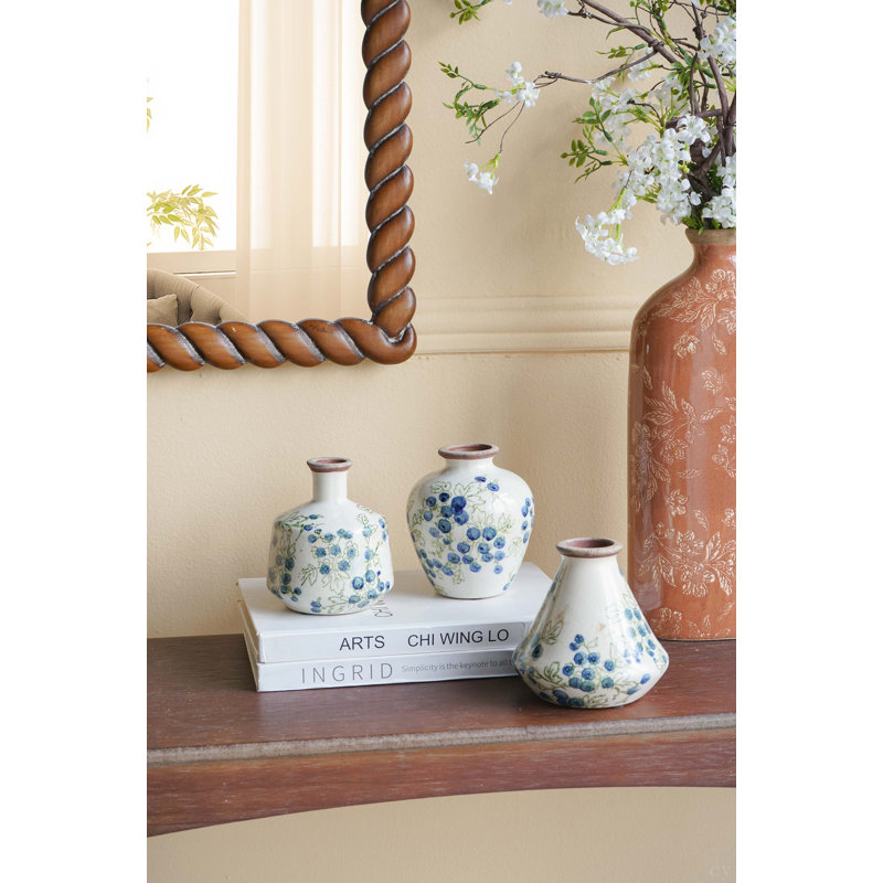 3 White Ceramic Mini Vases With Blue Berry Motif