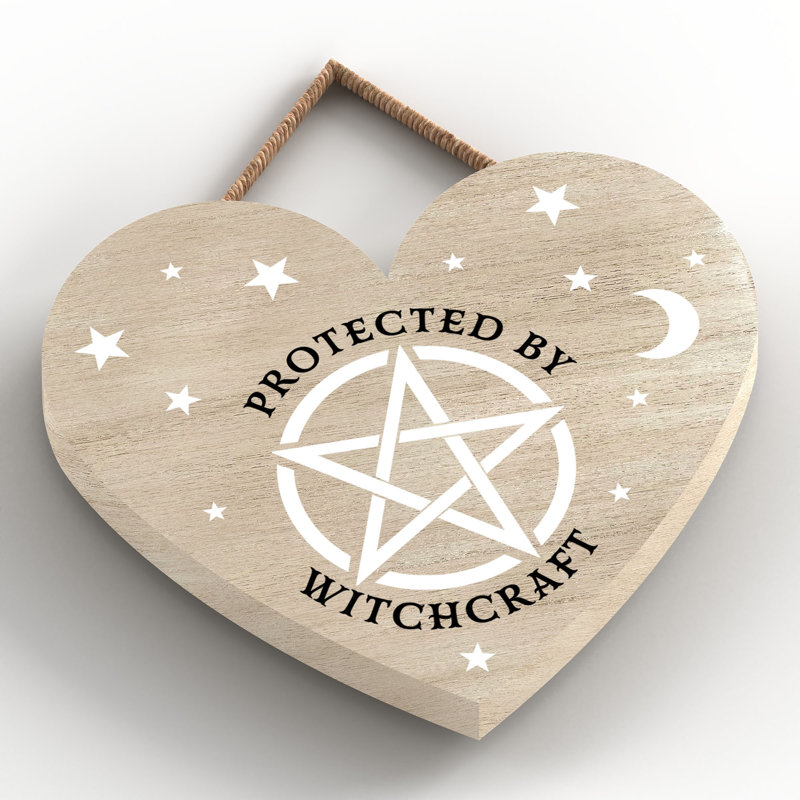 Protected by Witchcraft Wooden Heart Plaque, Brown, 10cm H x 9cm W x 0.5cm D