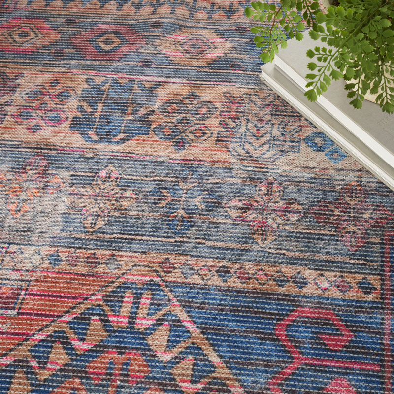 Machine Washable Southwestern Blue/Red Area Rug, Rectangle 6' x 9'