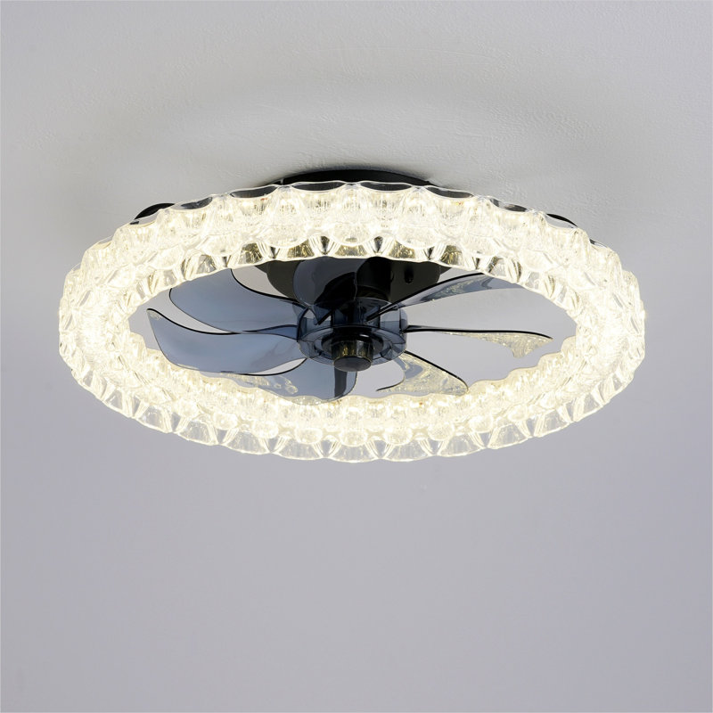 Ventilateur de plafond en cage 19,7 pouces avec éclairage DEL - Plafonnier encastré moderne, acrylique noir de jais et PC, télécommande à 6 vitesses à intensité variable 3000-6500K