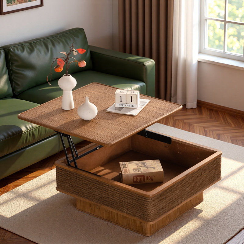 Table basse 31,52 "carrée en rotin + corde de chanvre avec mécanisme de levage et espace de rangement caché