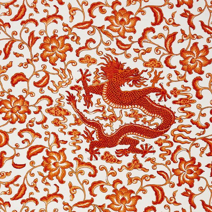 Oriana Chi'en Dragon Linen Print Fabric, Persimmon