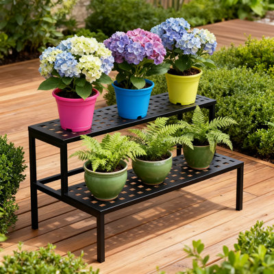 Support à plantes en métal à 2 niveaux pour l'intérieur et l'extérieur, étagère robuste pour plantes en pot, support d'angle peu encombrant pour salon de jardin, balcon, balcon