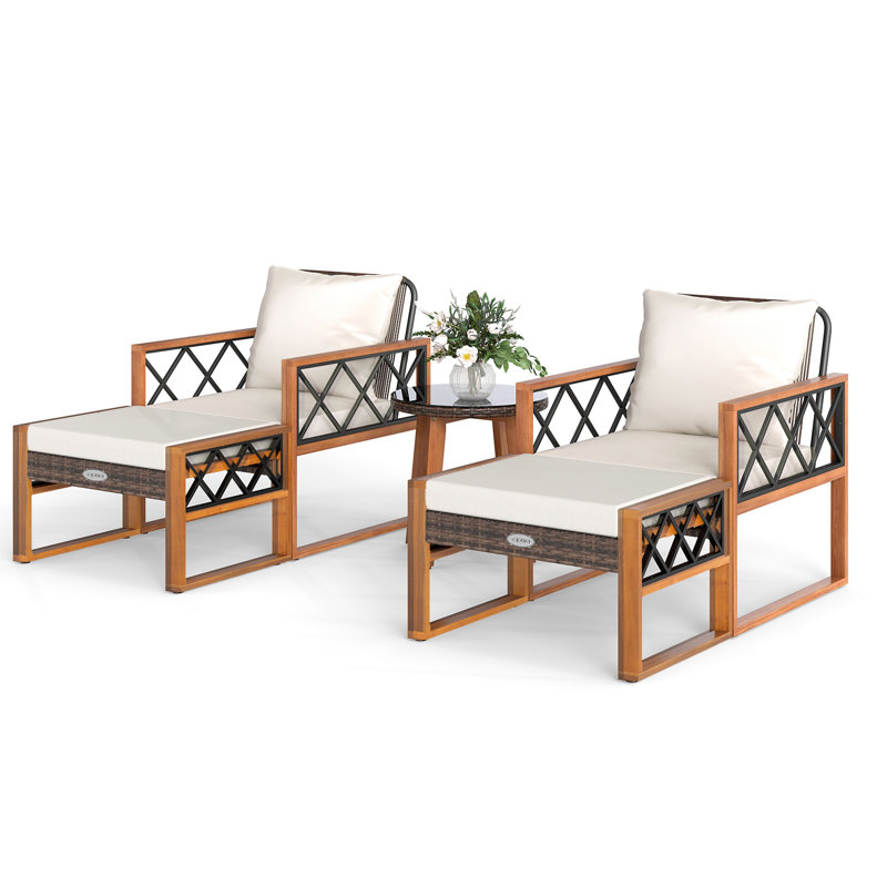 5 PCS PE Rattan  Conversation Set w/Acacia Wood Table Chairs w/Ottomans Outdoor Brown