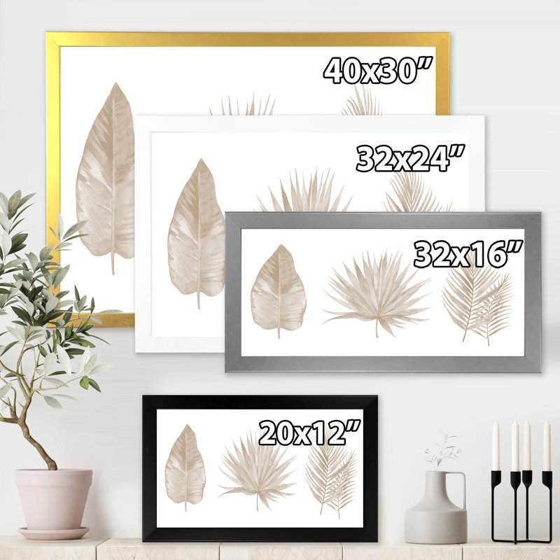 «Tropical Beiges Leaves», reproduction sur toile encadrée, H 16 po x l 32 po x p 1 po, Cadre blanc