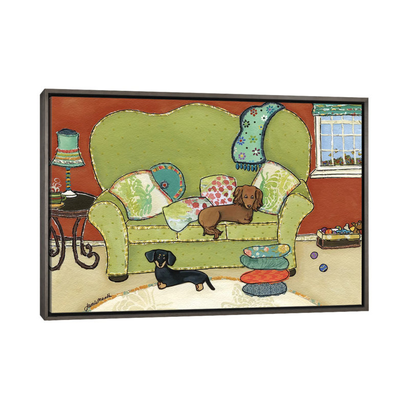« Teckel Love » par Jamie Morath-impression, H 18 po x l 26 po x P 1,5 po, Toile avec cadre gris, Pas de tapis