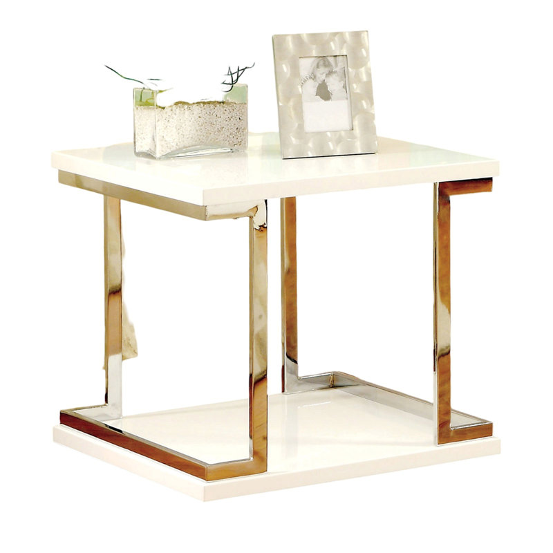 Table de bout de style contemporain avec tablette inférieure, table d'appoint avec cadre chromé laqué ultrabrillant