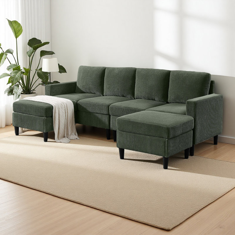 Upholstered Modular Sectional With 2 Ottomans, Dark Green