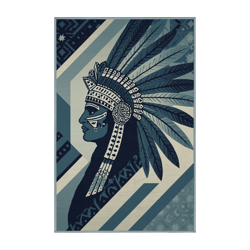 Soft Plush Durden War Painted Warrior Global Inspired Block Print Area Rug in Green – SkyBlue Binding, 6x9