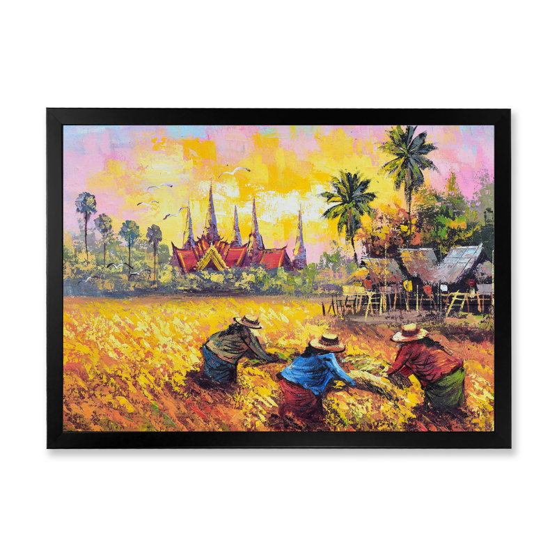 Paysage de ferme de riz asiatique rétro - reproduction sur toile, Cadre d'angle fermé noir, H 12 po x l 20 po x P 1 po