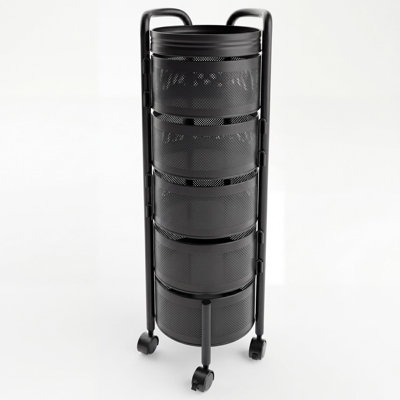Chariot de rangement de cuisine rotatif à 5 niveaux en acier au carbone épais avec roulettes, étagère utilitaire mobile avec couvercle supérieur, panier à fruits et légumes, organisateur de produits rotatifs pour salle de bain et salon, aucun assemblage requis
